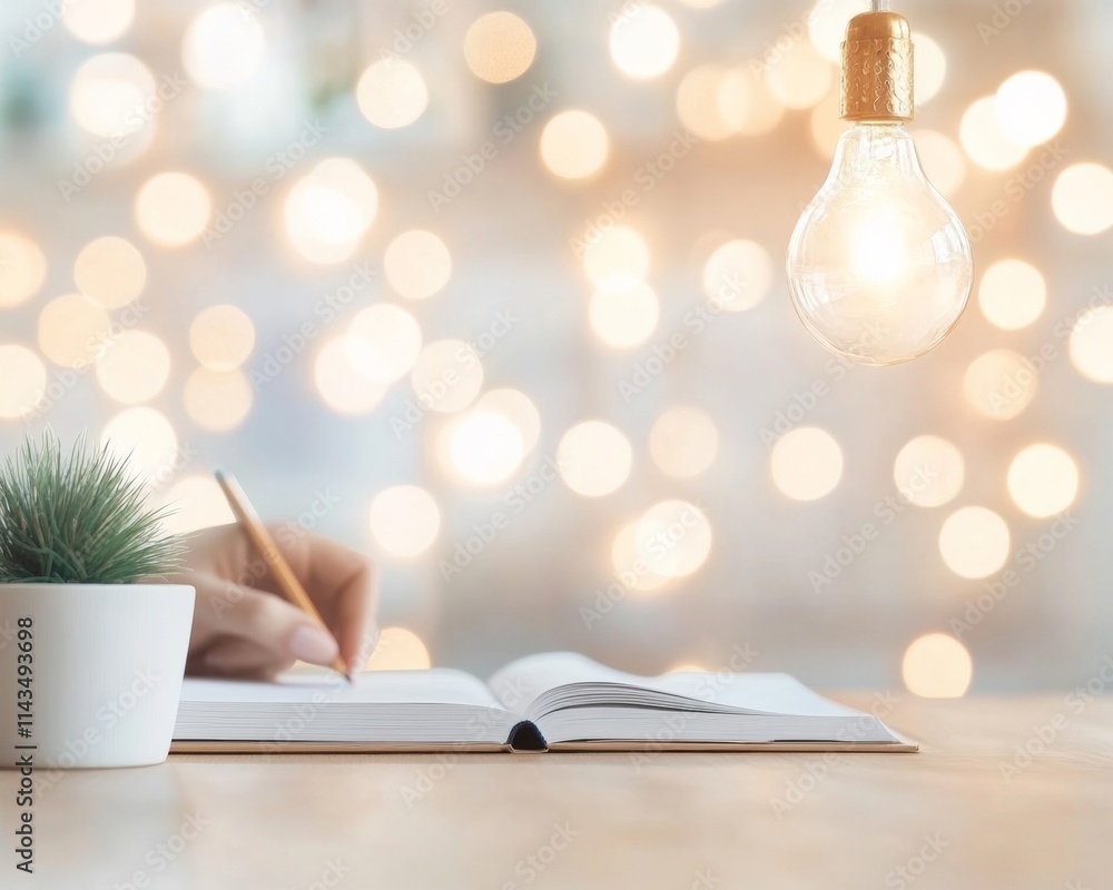 Poster serene study session writing notes in soft pastel ambiance with bokeh lights