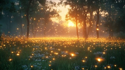 A serene sunset in a forest filled with glowing fireflies and lush greenery.