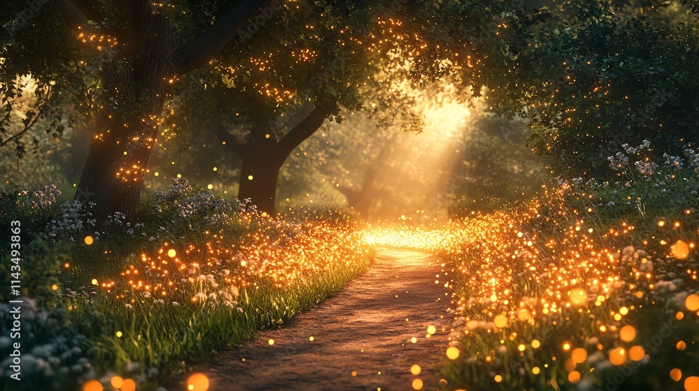 Aufkleber a serene forest path illuminated by glowing lights and surrounded by lush greenery.