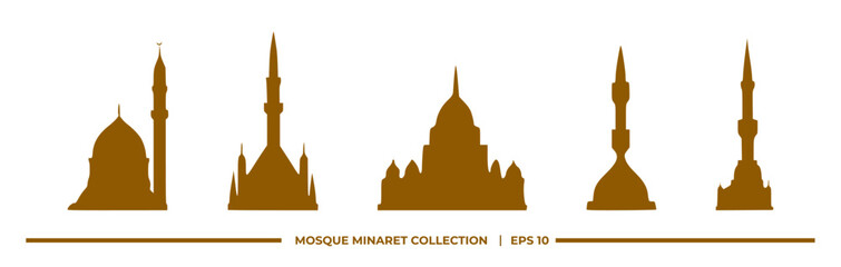 Silhouettes of various mosque minarets and domes in a minimalist design.