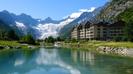 Fototapeta premium Alpine Hotel Reflecting in Pristine Lake, French Alps Summer. AI Generated