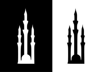 A stylized silhouette of a multi-spired architectural structure in black and white.