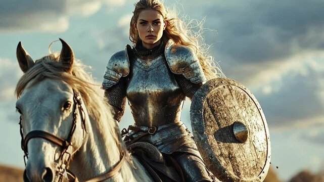 The Unstoppable Warrior: A fierce and determined woman warrior clad in shining armor, rides a majestic white steed against a dramatic sky, ready to face any challenge.
