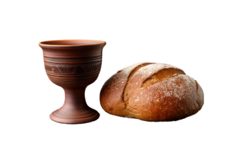 A clay chalice and a loaf of bread rest elegantly against a sleek isolated on a transparent or white background