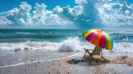Obraz premium colorful beach umbrella and chair by ocean waves create serene scene