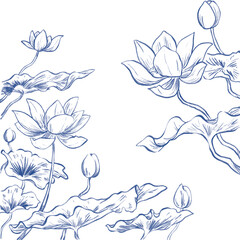 oriental chinese japanese inking lotus flower sketch frame and border illustration