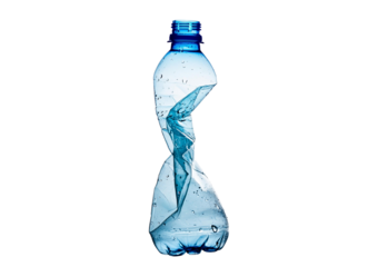 Compressed plastic bottle for recycling and selective sorting of waste, isolated on transparent or white background