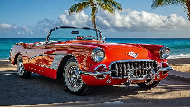 Red Corvette Convertible by the Ocean: Classic American Dream. A vibrant red Corvette convertible basks in the sun, parked on a picturesque beach with a palm tree and ocean waves in the background.