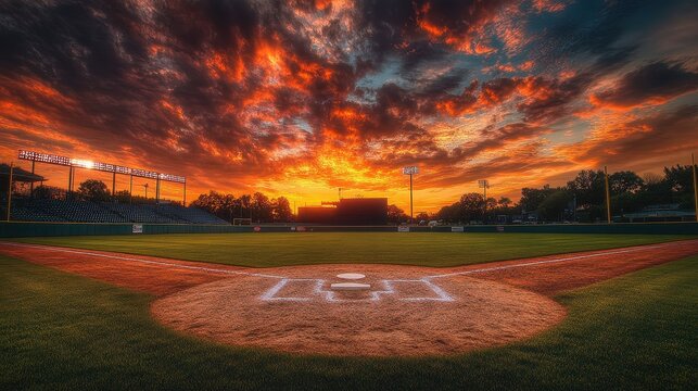 Fiery sunset over a baseball field at dusk; stadium lights illuminate the scene. Perfect for sports, nature, and inspirational themes; evokes feelings of hope and achievement.