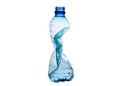 Compressed plastic bottle for recycling and selective sorting of waste, isolated on transparent or white background