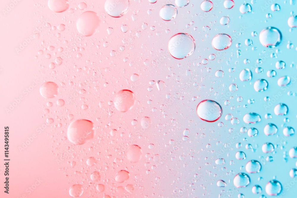 Poster shimmering liquid droplets on reflective surface with soft pastel gradients