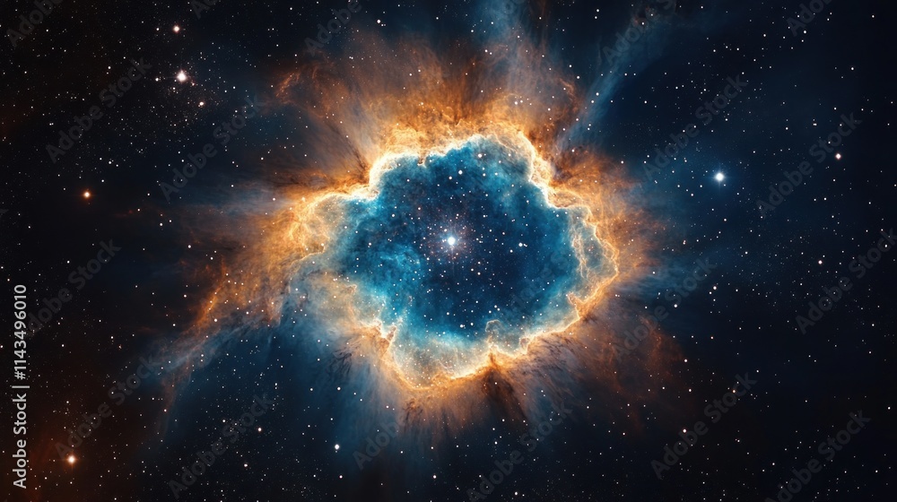 Poster cosmic nebula with vibrant blues and deep oranges in realistic style showcasing detailed starry back