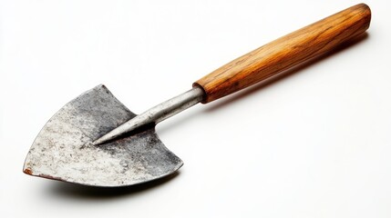 A weathered garden trowel with wooden handle