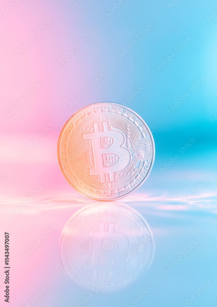 Poster glowing digital coin on reflective surface with geometric minimalism