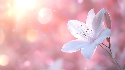 white orchid in full bloom with delicate petals, glowing softly against a pastel pink bokeh background