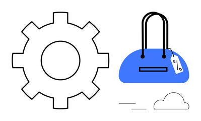 Large gear adjacent to a blue shopping bag with price tag. Small cloud elements underneath. Ideal for e-commerce, tech integration, online shopping, retail technology, cloud services, automation