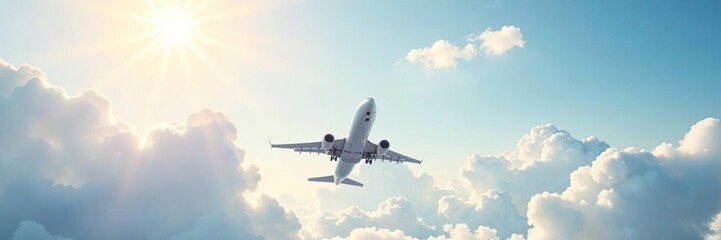 Obraz premium Airplane in white background with sunny sky and fluffy clouds, airport, cloud, flight