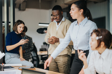A diverse group of business people engaged in a collaborative office environment. The team discusses ideas and uses technology to enhance productivity and creativity in a multicultural workplace.