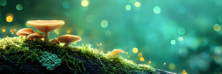 Green moss and tiny mushrooms growing on a tree trunk, glowing softly against a deep forest-green bokeh background