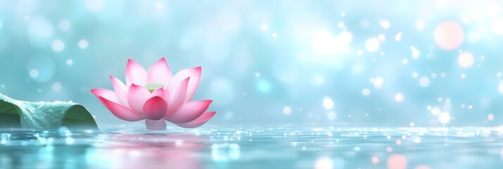 blooming pink lotus flower on a calm water surface, glowing softly against a pastel aqua bokeh background