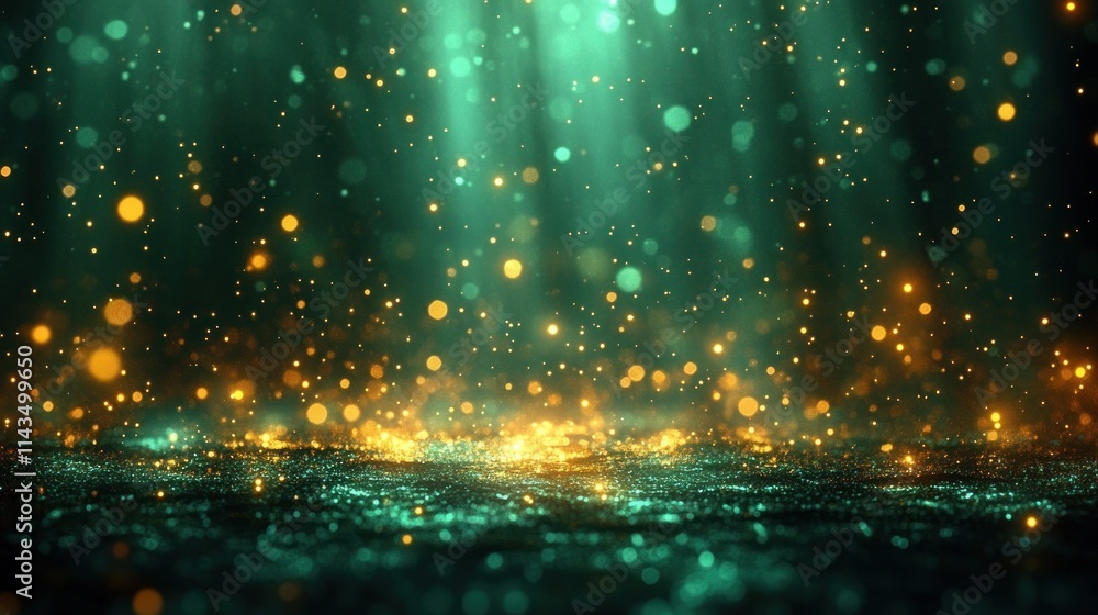 Poster vibrant green and gold bokeh lights abstract composition with soft ethereal rays and shimmering surf