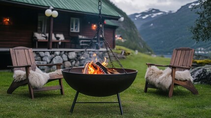 Cozy fire pit with chairs and cabin view.