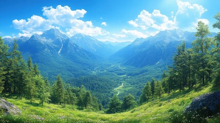 Fototapeta premium Zoom Virtual Background: Breathtaking panoramic view of mountains and lush green valley under a bright blue sky. Sunshine Wallpaper