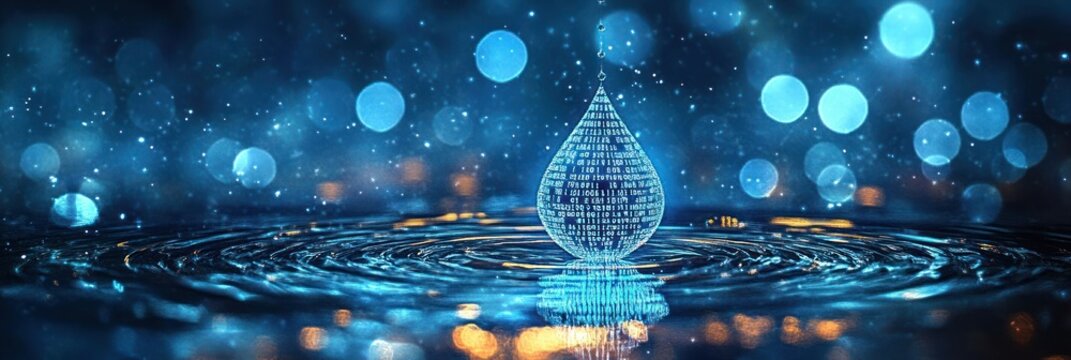 Digital Blue Water Drop with Binary Code for Artificial Intelligence in Water Resource Management and Environmental Monitoring - Powered by Adobe