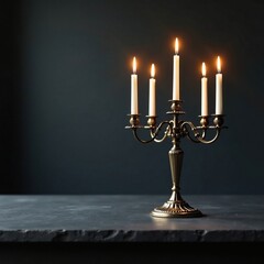 Fototapeta premium A lone candelabra on a dark grey slate table with flickering candles, candlelight, dim lighting