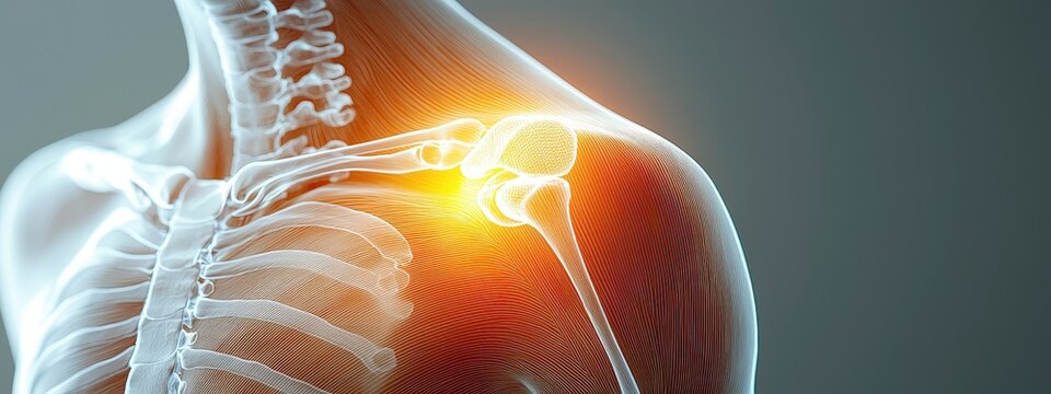 Human shoulder anatomy with rotator cuff muscles and ligaments