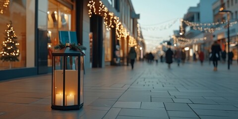 A cozy street scene illuminated by festive lights with a lantern in the foreground, capturing a...