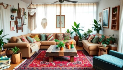 Fototapeta premium Bohemian Style - Living Room Interior Design with Bohemian Concept - Hotel Living Room Interior - Apartment Living Room Concept - Interior Design