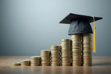 Happy New Year 2025 with Coins stack growing up and graduation hat. Money saving for Education