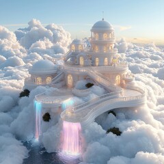 Dreamy Cloud Castle with Waterfalls in a Serene Sky Landscape