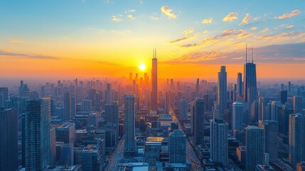 Fototapeta premium Zoom Virtual Background: City skyline at sunset with skyscrapers and vibrant colors. Sunshine Wallpaper