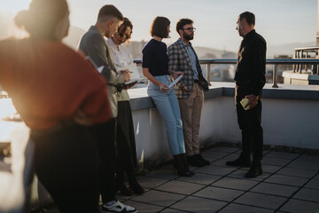 A group of diverse business people engage in a collaborative brainstorming session on a rooftop...