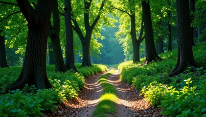 Fototapeta premium Ancient cobblestone road winding through a dense forest of ancient trees, historic, nature, dirt path