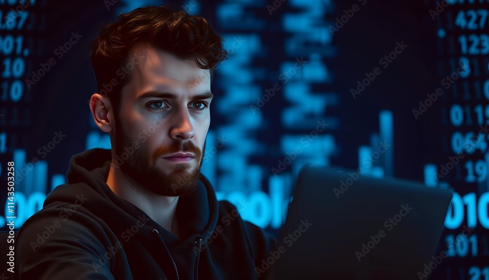 Poster cyber intrusion: hooded figure at laptop with data and numbers in the background