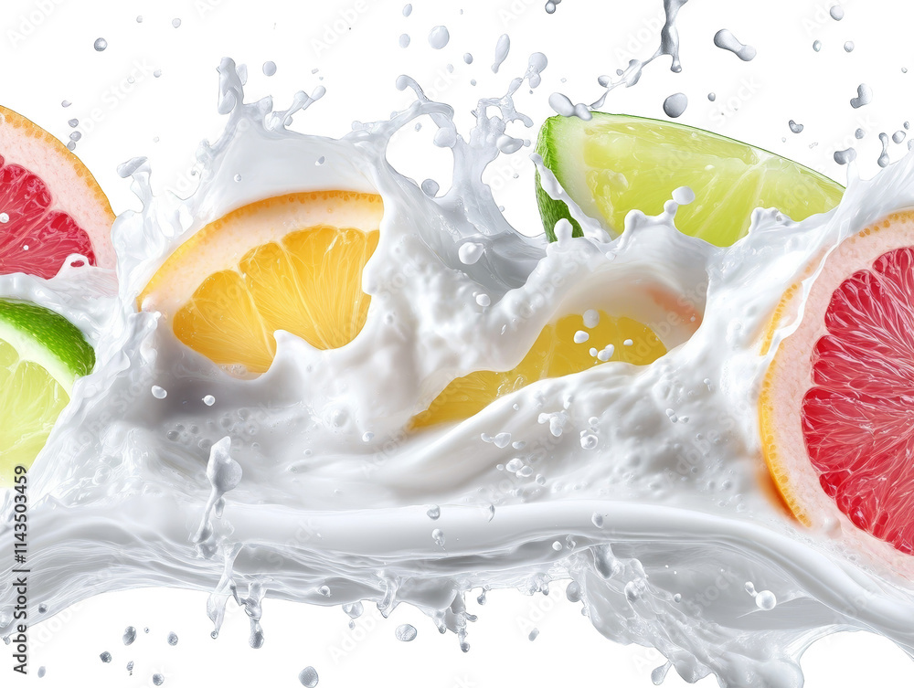 Poster dynamic splash of milk, a captivating display of smooth texture and elegant white color in motion