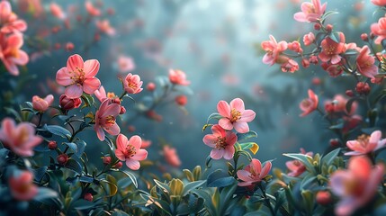 Artistic spring nature background with a blooming pink flower tree and floral border, or a blurred backdrop. 