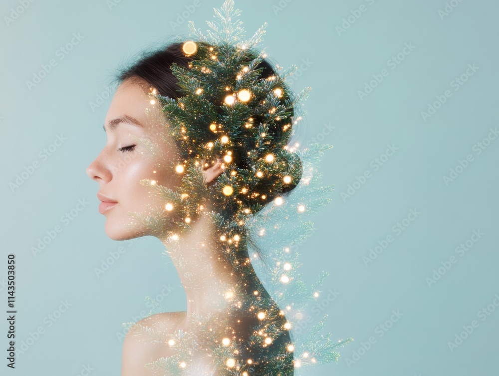 Aufkleber double exposure portrait with festive lights and data streams