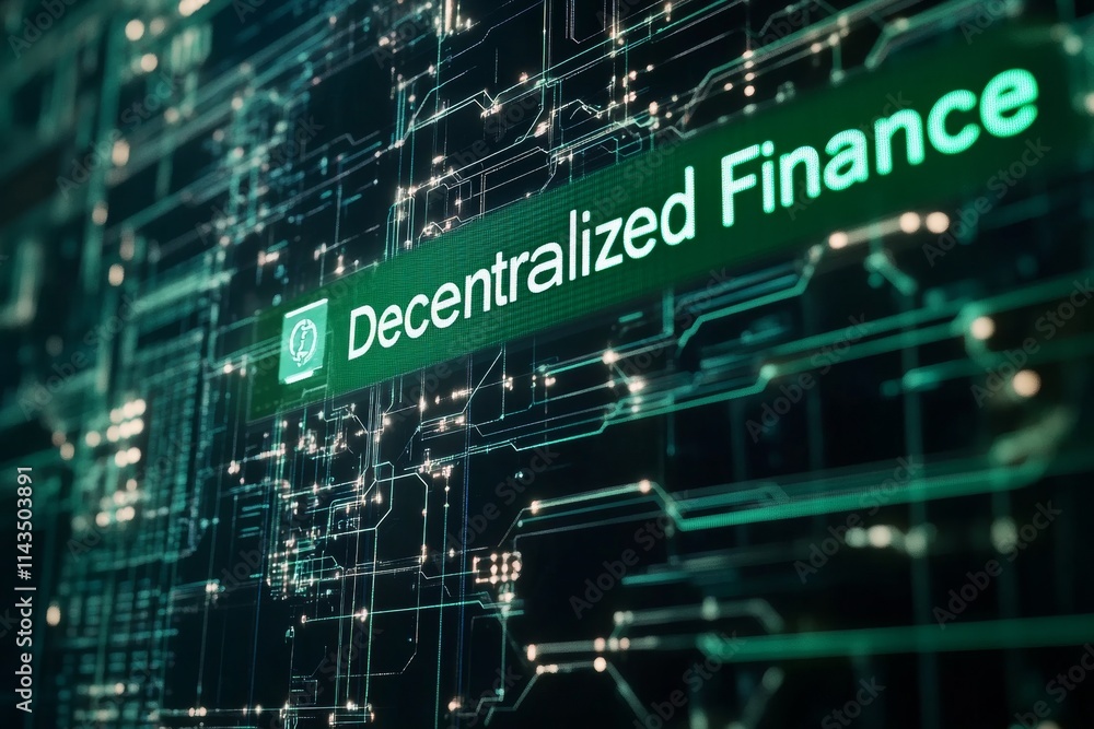 Poster futuristic representation of decentralized finance with blockchain graphics and crypto icons