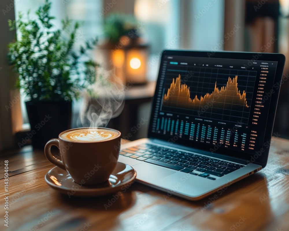 Aufkleber modern fintech workspace blockchain data and coffee in a minimalistic office setting