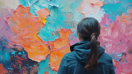 Obraz premium Person gazing at vibrantly painted wall. Wide shot photo.. AI Generated