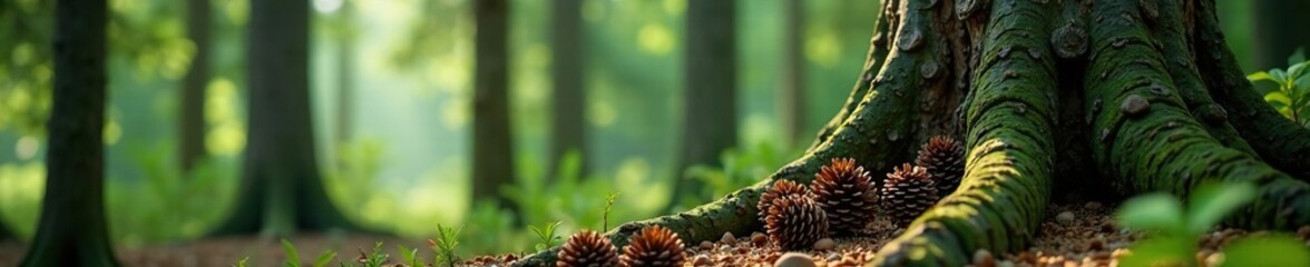 Ancient pine tree with heavy cones at the base of its trunk, forest landscape, evergreen