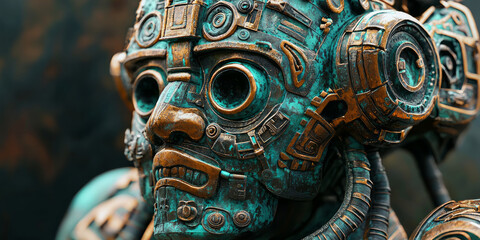 Fototapeta premium Close up of a bronze ancient Mayan-inspired robot, with aquamarine and dark green hues, generative AI