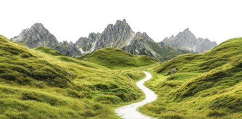 winding pathway through a lush green valley with majestic mountains in the background