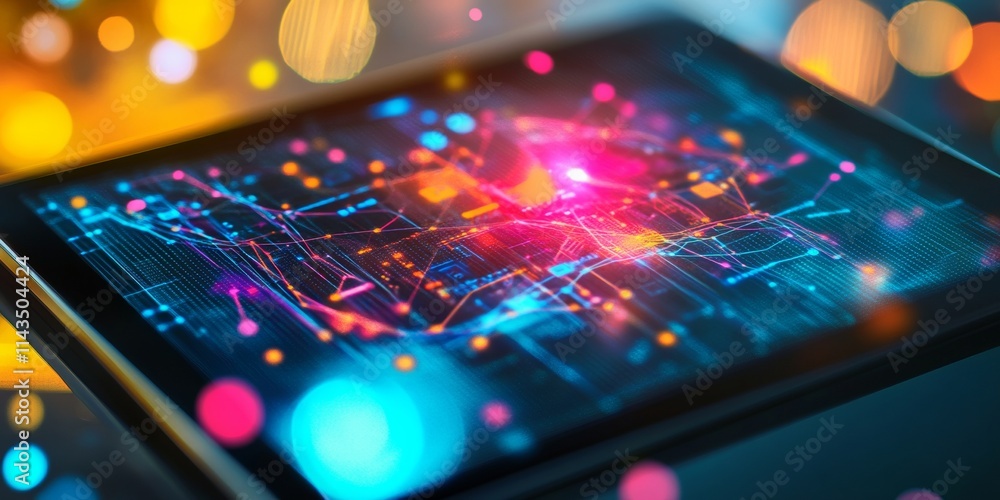 Poster glowing blockchain over digital tablet high-tech financial innovation