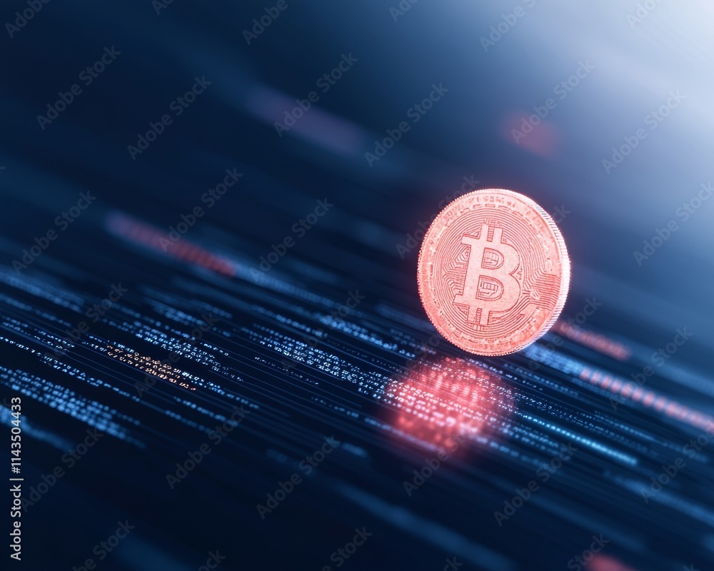 Poster digital cryptocurrency coin on futuristic financial data background