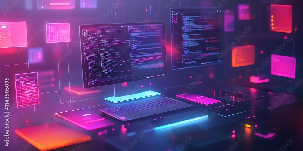 Aufkleber A futuristic workspace featuring glowing screens and code, emphasizing technology and programming.